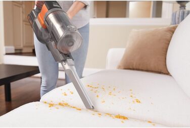 Бездротовий акумуляторний пилосос Black+Decker 4-в-1 BHFEV182C (18V, 2.0Ah) з електрощіткою, для підлоги та ручного використання, з насадкою для щілин, акумулятором, зарядним пристроєм та настінною підставкою, Titanium/Orange