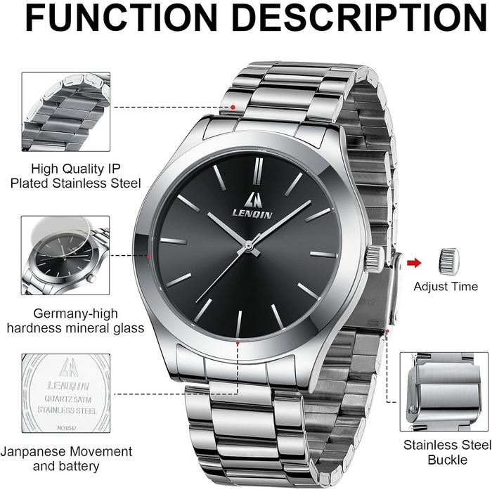 Годинник чоловічий LENQIN з нержавіючої сталі, аналоговий кварцовий годинник, водостійкий (30м), для бізнесу та повсякденного носіння, срібно-чорний (02)