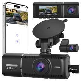 Автомобільний відеореєстратор 4K + 1080P з передньою та задньою камерами, 64GB SD карта, 5GHz WiFi, 1.97