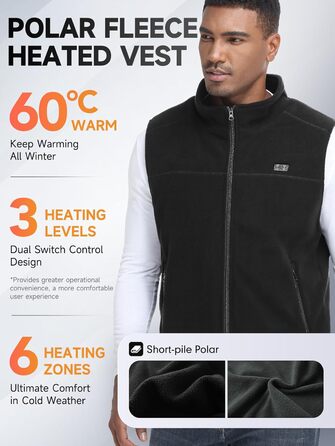 Обогріваючий жилет/куртка з підключенням до Powerbank, Microfleece, 6 зон нагріву, 3 режими температури, для жінок та чоловіків, чорний