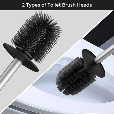 Набір для чищення унітазу WAVEWO з кріпленням на стіну, силіконова щітка та тримач, квадратна щітка з нержавіючої сталі 304, 2 насадки (срібна)