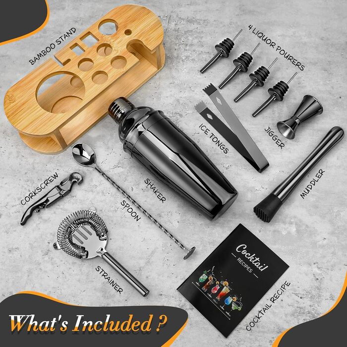 Cocktail Shaker Set with Stand, 12-Piece Premium Cocktail Set with All Essential Bar Tools, Gifts for Women Men Cocktail Lovers, Professional Bar Set Cocktail Accessories (Black)