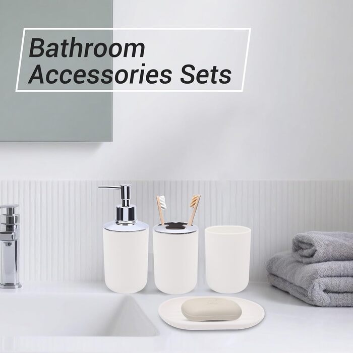 Набір аксесуарів для ванної кімнати (4 шт) з пластику: тримач для зубних щіток, стаканчик, дозатор мила, мильниця. Білий колір