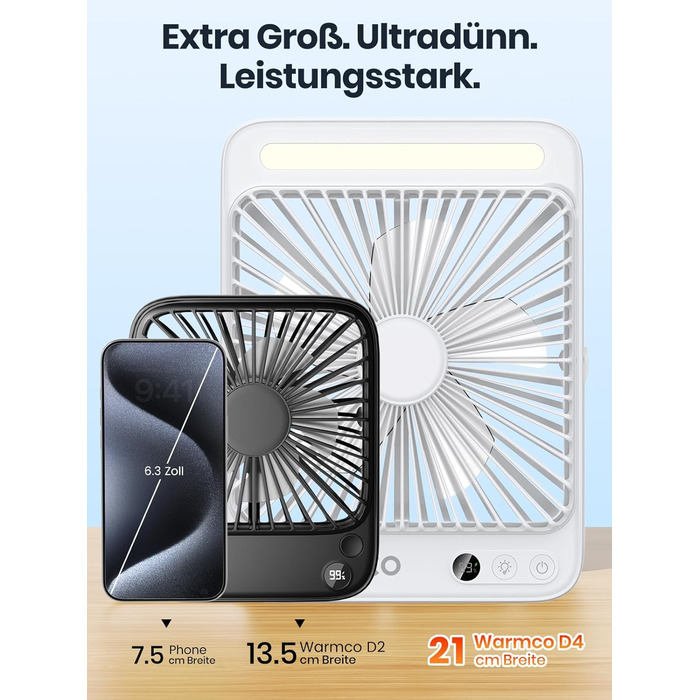 Вентилятор для кемпінгу Warmco 20000mAh з лампою та дисплеєм, 15-48 годин роботи, тихий, ультратонкий, з гачком, USB, для намету, відпочинку, офісу, автодому, спальні