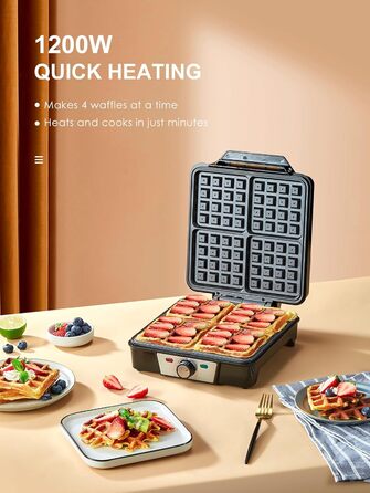 Reemix 4-Waffle Belgian Waffle Maker - 1200W Electric with Non-Stick Plates, Adjustable Temperature & Easy Cleaning, Stainless Steel