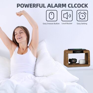 Багатофункціональна бамбукова зарядна станція 5-в-1 з бездротовим зарядним пристроєм, світлодіодним нічником та годинником, сумісна з Apple Watch, AirPods, Samsung Galaxy та іншими пристроями