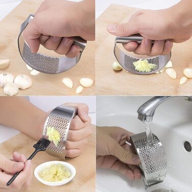 Прес для часнику з нержавіючої сталі, рокер, подрібнювач, прес-подрібнювач часнику, кухонний аксесуар з силіконовим очищувачем