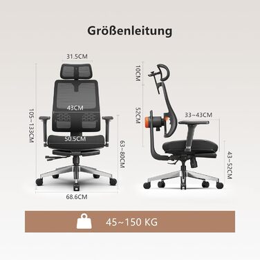 Офісне крісло Newtral MAGICH-PRO з підніжкою: ергономічне, з підтримкою голови та попереку, чорне. Макс. навантаження 150 кг