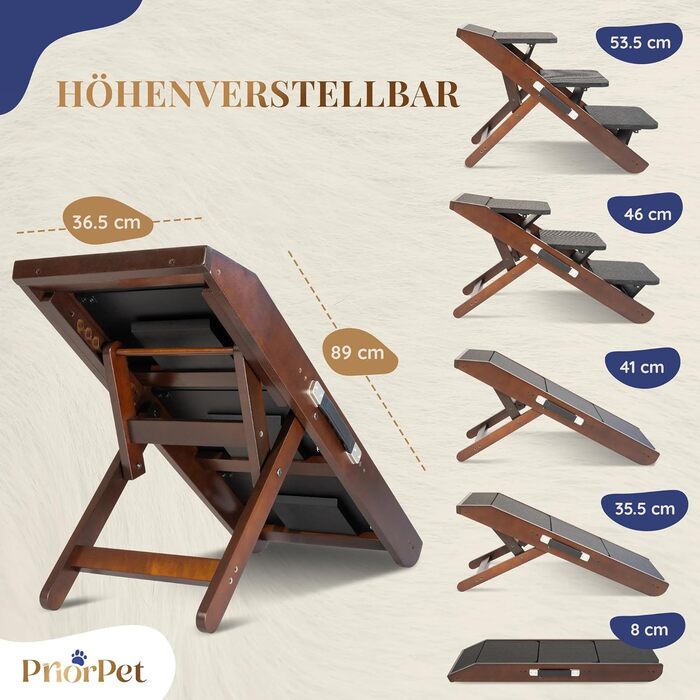 Сходинки для собак на ліжко та диван 2-в-1 - регульована рамка для собак, 18-50 см - для маленьких собак - легка переносна сходинка з платформою, натуральний колір (коричневий)