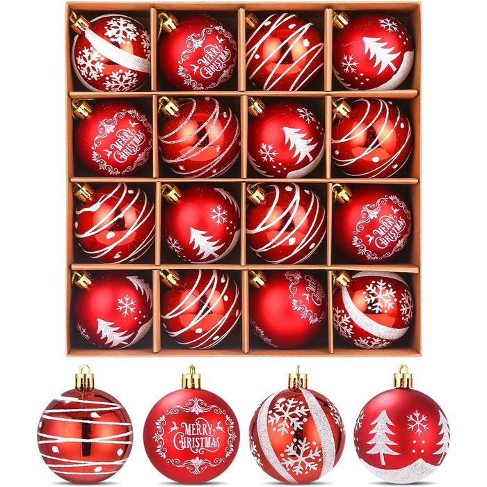 Кульки для ялинки з пластику червоно-білі, 16 шт. - прикраси для ялинки, різдвяний декор