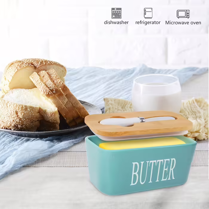 Porcelain butter dishes with lid, airtight silicone butter box, butter container for butter, nuts, cheese, sky blue + butter spreader