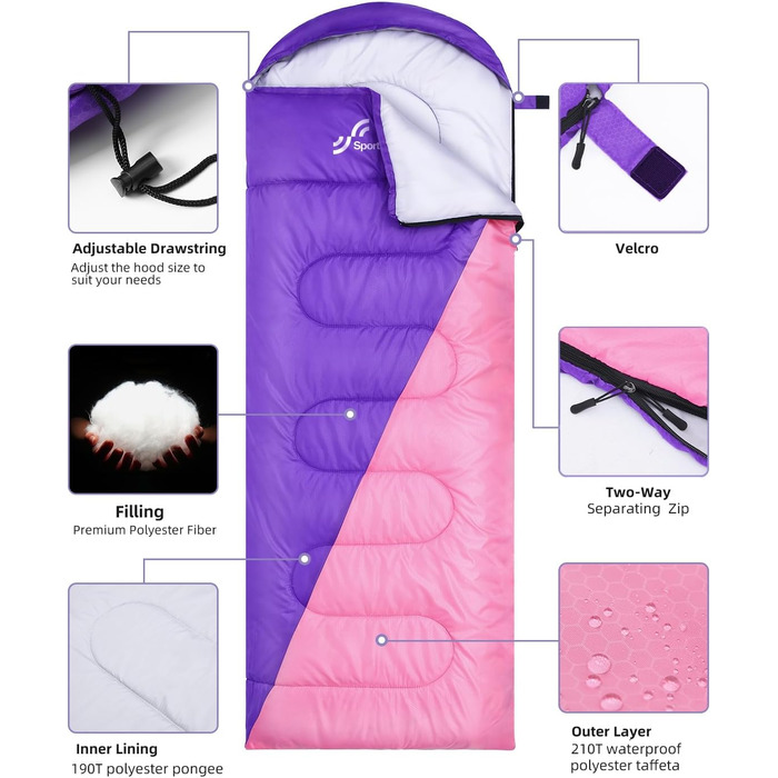 Сплячий мішок Outdoor Sportneer для кемпінгу: 3-4 сезонний літній спальний мішок, зимовий спальний мішок, компактний, портативний, ультралегкий для дорослих, фіолетовий+рожевий, 220x75 см