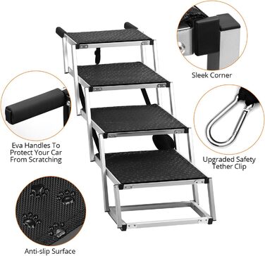 QWORK® 4-Step Folding Dog Stairs for Car - Adjustable Height, Anti-Slip, Up to 80kg