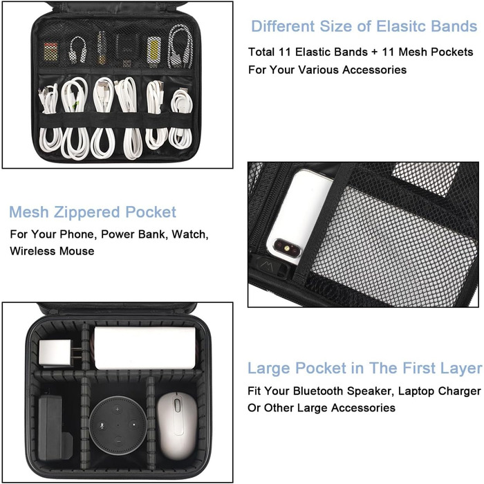 MATEIN Cable Bag Organizer, Cable Bag Travel 3-Layer Cable Organizer Cable Storage Cable Organizer Bag for Phone, Charger Cables, Electronics, Black