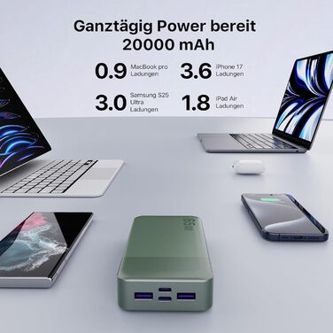 Power Bank NOBIS 20000mAh 65W USB-C PD QC з дисплеєм, зелений - для ноутбука, телефону, планшета