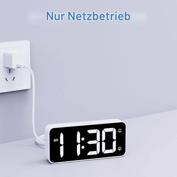 Цифровий LED будильник LATEC з 2 сигналами будильника, функцією Snooze, USB-портом для зарядки, регулюванням яскравості та гучності (90-120 дБ), 8 мелодій, формат 12/24г, мережевий, білий