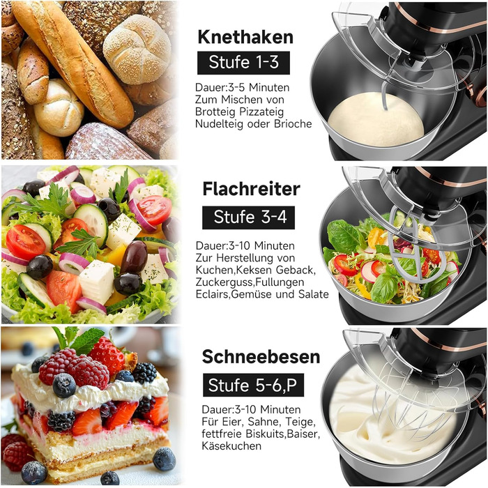 Кухонна машина HOMELUX 1800W з чашею 8 л з нержавіючої сталі, 6 швидкостей, LED-дисплей, насадки для замішування, збивання та взбивання, захист від бризок (чорний)