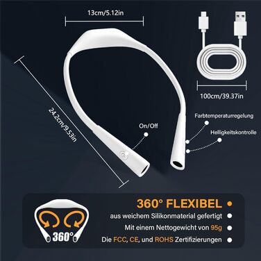 Ліхтарик для читання LED USB акумуляторний, диммер з 3 режимами, для рукоділля, ремонту, шиття, майстерні, риболовлі (білий, 1000mAh)