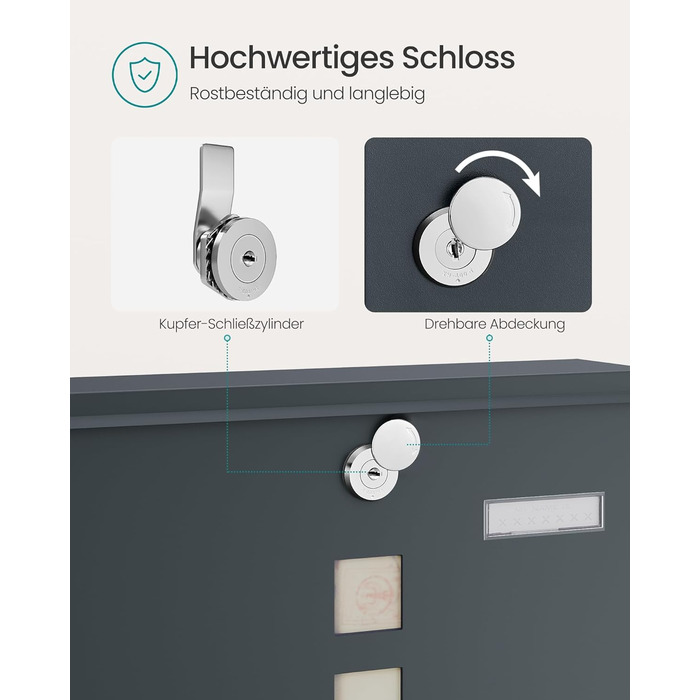 Поштова скринька SONGMICS з замком, оглядовим вікном та відділенням для газет, антрацит, 30.8x33.8x10 см (GMB20AG)