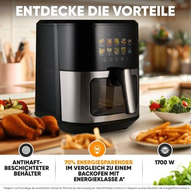 Аерофритюрниця ProfiCook 6,5 л, без олії, 9 програм, 1700 Вт, сенсорний дисплей, нержавіюча сталь, XXL, модель 2024