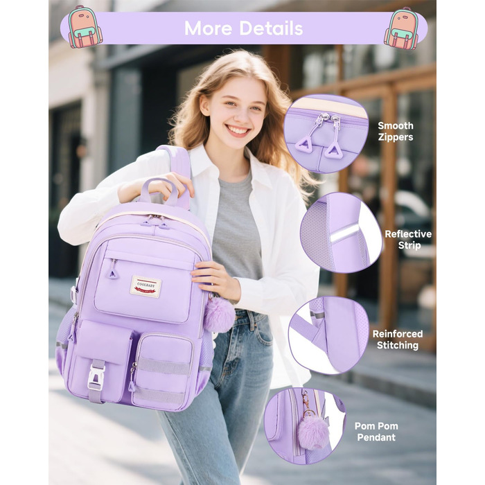 Рюкзак для підлітка Tanou, жіночий, для школи, 9-16 років, великий, водонепроникний, з брелоком (фіолетовий)