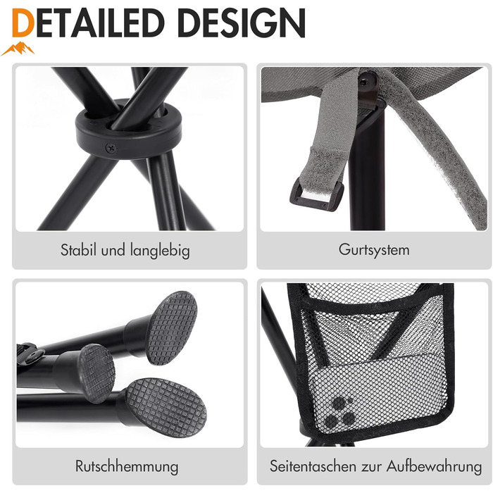 Складний туристичний стільчик з кишенею для риболовлі, кемпінгу та пікніків. Чорний, 53.3 см, до 102 кг.