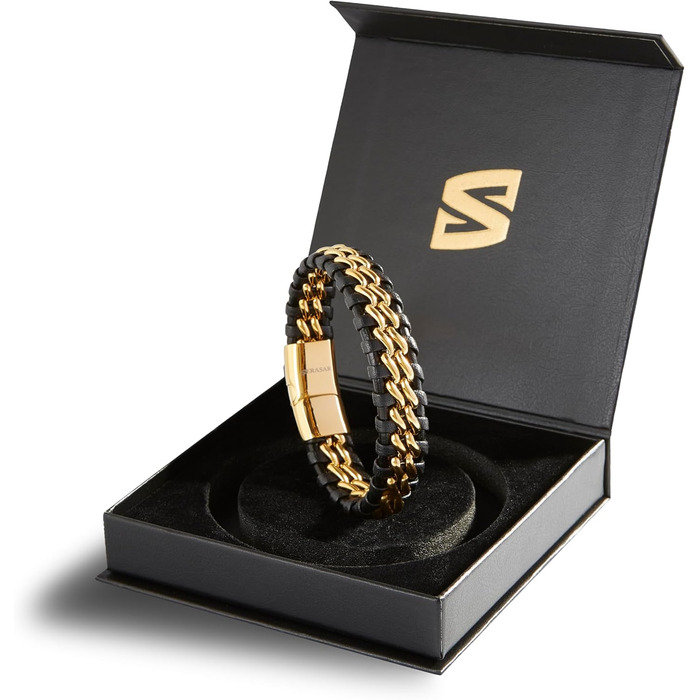 Чоловічий браслет SERASAR Premium з натуральної шкіри та нержавіючої сталі | Магнітна застібка, коробка, подарунок (17см, золото)