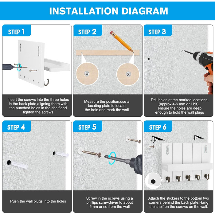 Дерев'яне ключниця з поличкою, 5 гачків, для прихожої, спальні, вітальні, білий колір