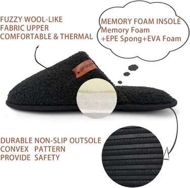Жіночі теплі пухнасті домашні тапочки Oofoot з пам'яттю піни, антиковзкі гумові підошви (39/40 EU, Чорний)