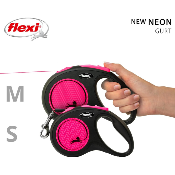 Flexi Neon S Gurt 5 м чорний, неоново-помаранчевий ремінь, світловідбиваюча поверхня, рулетка для собак до 15 кг (Чорний/Неоновий рожевий)