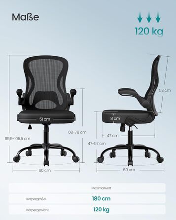 Офісне крісло SONGMICS OBN041B01, ергономічне, сітчасте, з регульованою підніжкою та підголівником, для дому та офісу (Чорний)