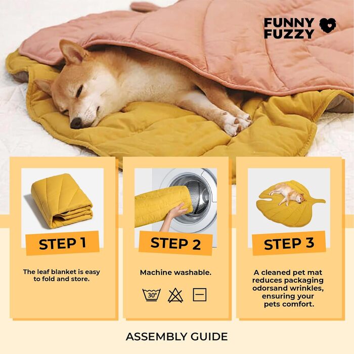 М'який килимок для собак та котів FUNNY FUZZY, двосторонній, з дизайном листя, машинне прання, жовтий (Гінко)