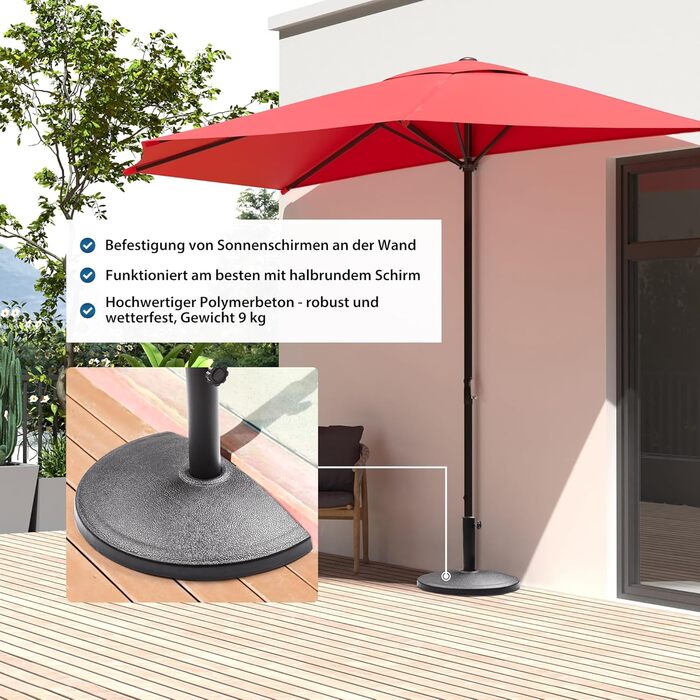 Paramondo Half-Round Umbrella Stand - Weatherproof umbrella stand with mast thickness 35-50 mm, including adapter, balcony stand, 9 kg, black
