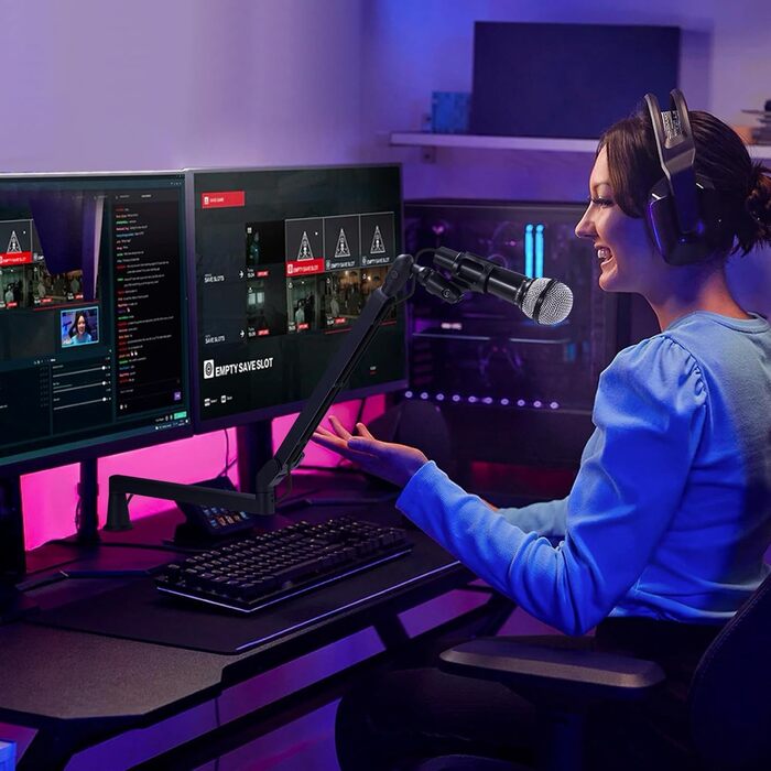 Мікрофонний важіль низькопрофільний з подовженням 15 см, регульований металевий важіль, кабель-менеджмент, чорний