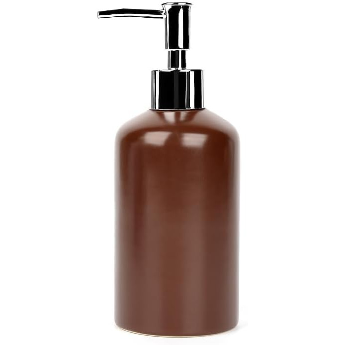WPM 4-Piece Ceramic Bathroom Accessories Set – Our complete bathroom decor set includes a designer soap or lotion dispenser, toothbrush holder, cup, and soap dish (Brown)