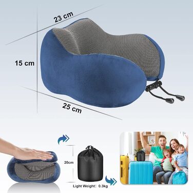 Подушка для шиї Eono з піною Memory Foam, ергономічна, для подорожей, з маскою для сну та навушниками, сумка, темно-синій