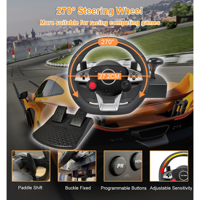 Ігрове кермо DuLingKer з педалями та перемиканням передач, 270° для PC/PS4/Switch/PS3/Xbox One/Xbox 360/Android TV, кермо для перегонів з вібрацією, зворотним зв'язком