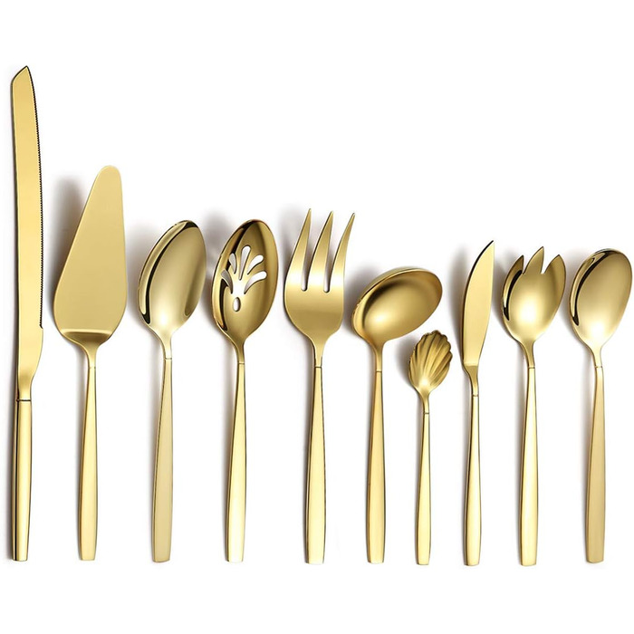 Berglander Gold Cutlery Serving Set, 10 Pieces, Stainless Steel Cutlery Serving Set with Gold Titanium Coating, Serving Spoon, Silver Serving Utensil, Rust Protection (10 Pieces)