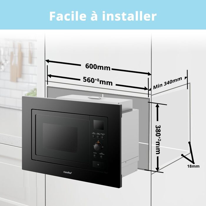 Вбудована мікрохвильова піч COMFEE' CBMAG820BJL-BK, 20 л, 800 Вт, гриль, 5 рівнів потужності, 8 автоматичних меню, функція швидкої заморозки, чорний колір