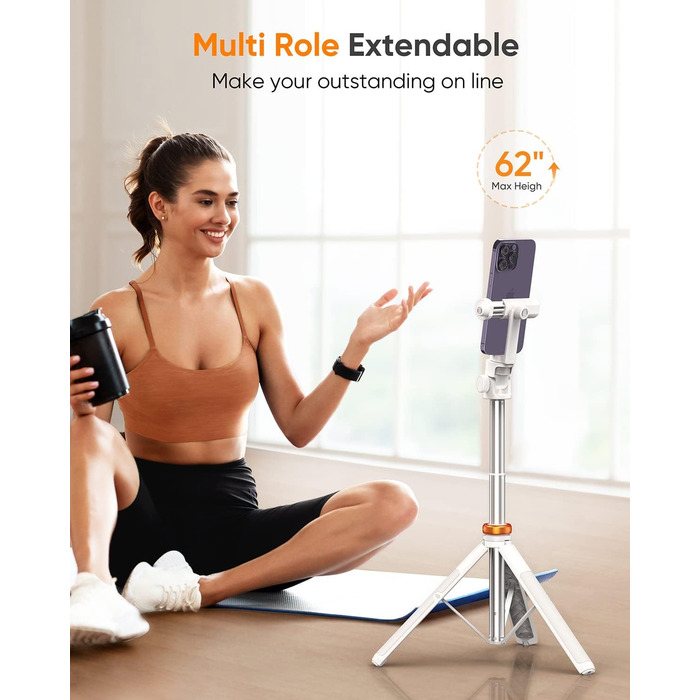 Штатив для смартфона та селфі-стика з пульт дистанційного керування, 158 см, міцна конструкція, регульований, для iPhone/Android (Мінеральний білий)