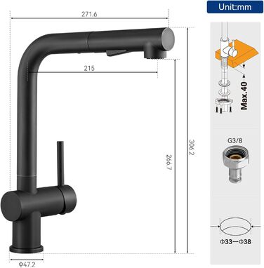 Кран кухонний CECIPA Hochdruck чорного кольору, висувна модель з душем, двома режимами струменя, поворотний на 360°, з нержавіючої сталі, ×207B (L-подібний, високий тиск)