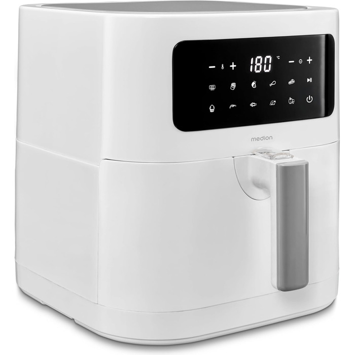 Аерофритюрниця MEDION E40 XL (5.2 л, 2150 Вт) з 9 автоматичними програмами, функцією випікання та сенсорним LED-дисплеєм, без PFAS, матовий сірий