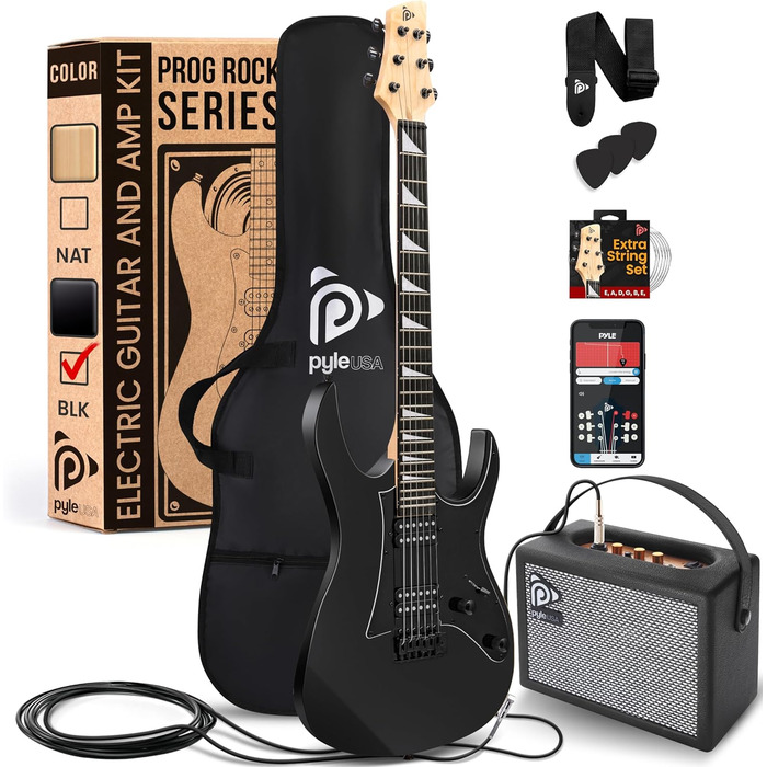 Електрогітара Pyle Prog Rock EG Series з підсилювачем, 39 дюймів, Dual Humbucker, палісандр, чорний