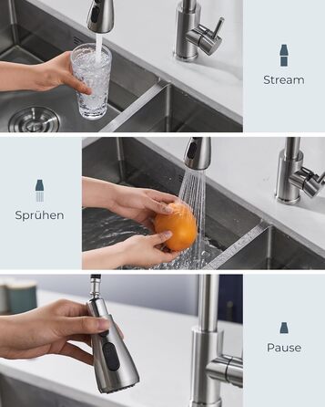 Змішувач для кухні FORIOUS з висувною лійкою, 360° обертання, 2 режими, нержавіюча сталь