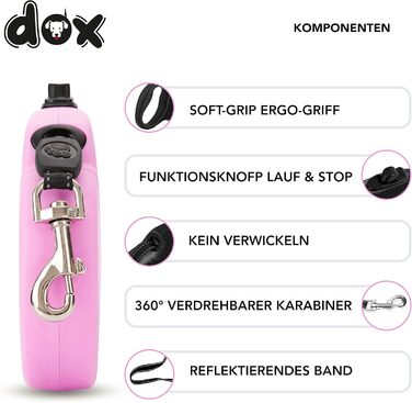 Рулетка для собак DDOXX - міцна, світловідбиваюча, рожева, до 20 кг, 5 м