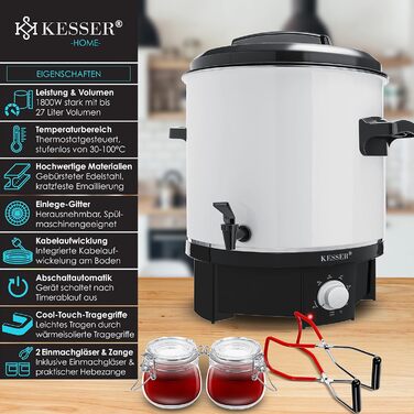 KESSER Canning Machine 27 Liter, Stainless Steel | 1800 Watt | Temperature range 30-100°C | Continuous operation | Automatic shut-off Canning machine, hot beverage machine, mulled wine pot with tongs & 2 glasses