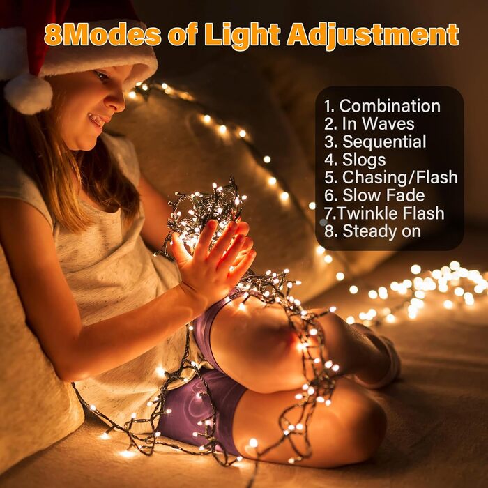 Льохтеркетка Withosent для ялинки, 2м, 400 LED, з кільцем, IP44, пам'ять, вологостійка, 8 режимів, тепле біле світло, для декору ялинки в приміщенні та на вулиці