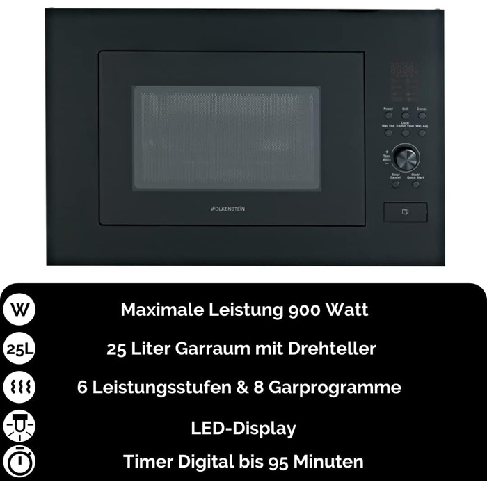 Вбудована мікрохвильова піч Wolkenstein WMW900-25GB EB | 900 Вт, 25 л, 8 програм, чорний колір