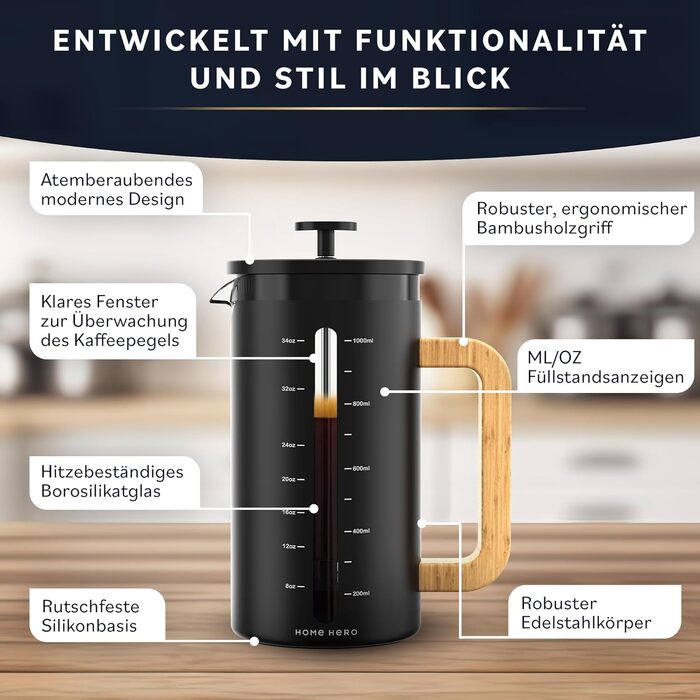 Френч-прес для кави Home Hero – 963.9 г, з бамбуковим руків'ям, скло Borosilikat, нержавіюча сталь, 4-шаровий фільтр, чорний