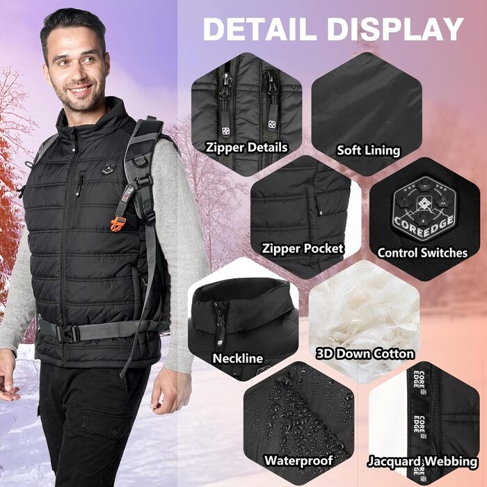 Обігріваючий жилет для чоловіків з акумулятором 10000mAh, USB, 3 режими температури, 4 зони обігріву, XL, чорний